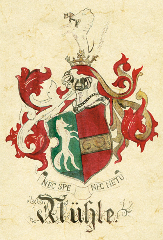 Rot-Grünes Wappen der Familie Mühle. Auf dem Schild und auf der Krone stehen zwei Wölfe. Die Inschrift lautet: New spe, nec metu - Weder durch Hoffnung, noch durch Furcht.