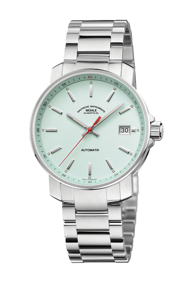 29er mint: Frontalansicht einer Armbanduhr mit einem mintgrünen Zifferblatt, silbernem Gehäuse und Metallband.