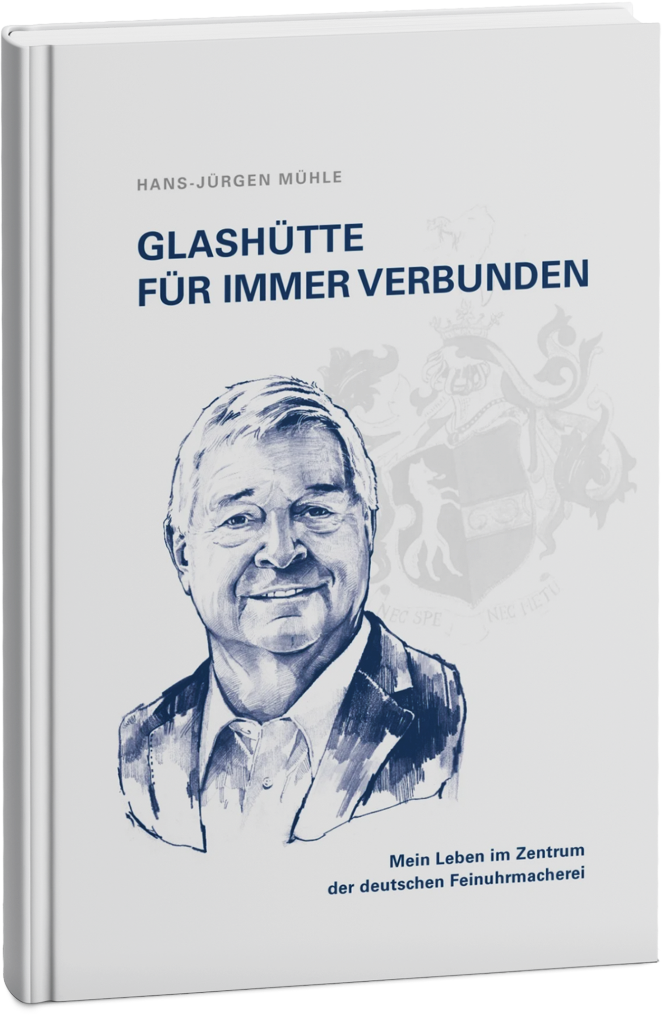 Biografie von Hans-Jürgen Mühle mit blauer Zeichnung des Porträts von Hans-Jürgen Mühle