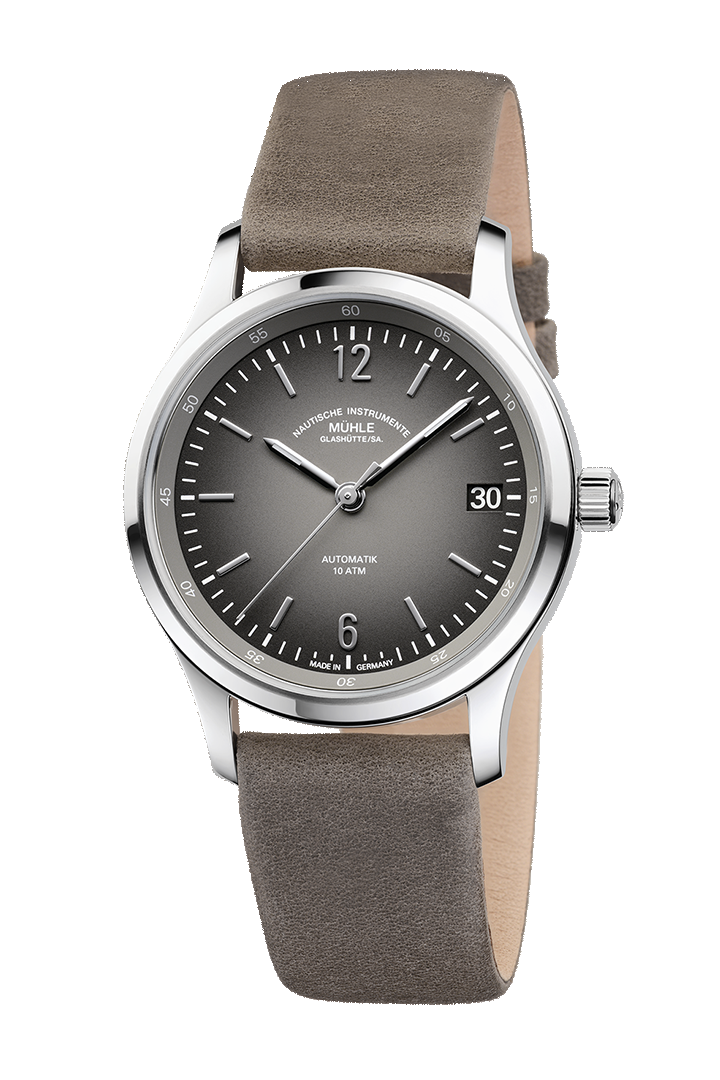 Lunova Lady: Frontalansicht einer Armbanduhr mit grauem Zifferblatt, silberfarbenem Gehäuse und beigem Lederband.