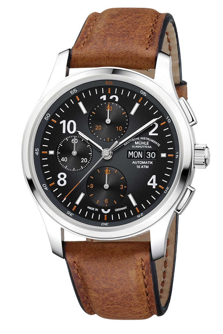 Lunova Chronograph: Frontalansicht einer Armbanduhr mit einem dunkelgrauen Zifferblatt mit drei Hilfszifferblättern, weißen Indizes, silbernem Gehäuse und hellbraunem Lederband.