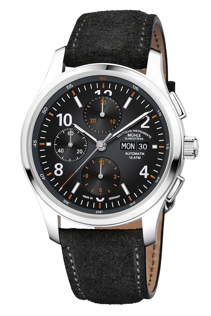 Lunova Chronograph: Frontalansicht einer Armbanduhr mit einem dunkelgrauen Zifferblatt mit drei Hilfszifferblättern, weißen Indizes, silbernem Gehäuse und dunkelgrauem Veloursband.