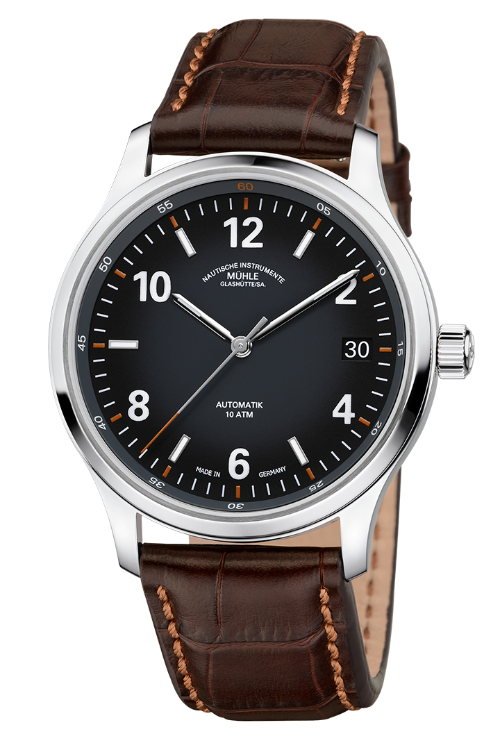 Lunova Datum: Frontalansicht einer Armbanduhr mit einem dunkelgrauen Zifferblatt, weißen Indizes, silbernem Gehäuse und braunem Lederband.