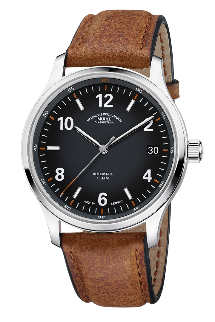 Lunova Datum: Frontalansicht einer Armbanduhr mit einem dunkelgrauen Zifferblatt, weißen Indizes, silbernem Gehäuse und hellbraunem Lederband.
