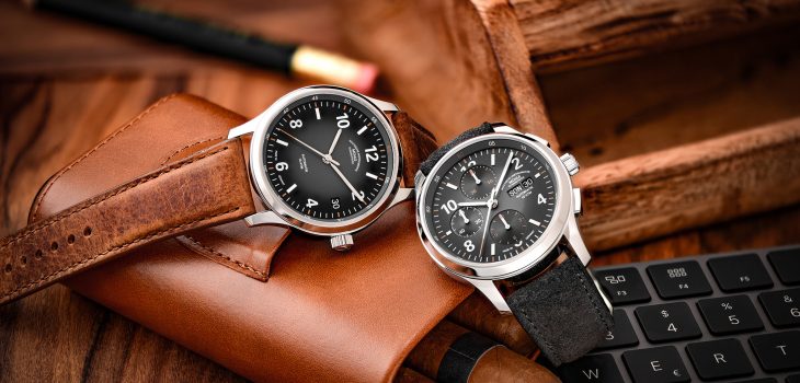 Zwei Armbanduhren (Lunova Datum am braunen Lederband, Lunova Chronograph am grauen Veloursband) liegen auf einem braunen Lederetui mit Zigarren.