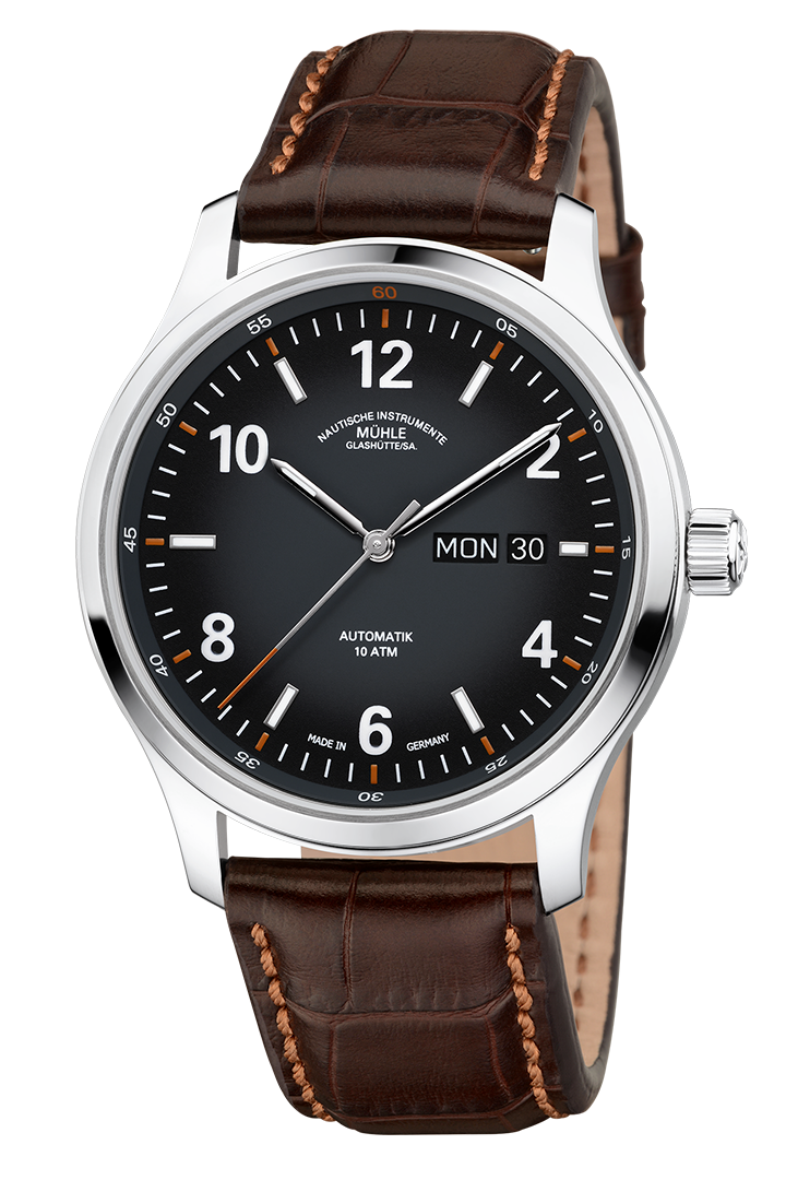 Lunova Day/Date: Front view of a wristwatch with a dark grey dial, white indices, silver case and brown leather strap.