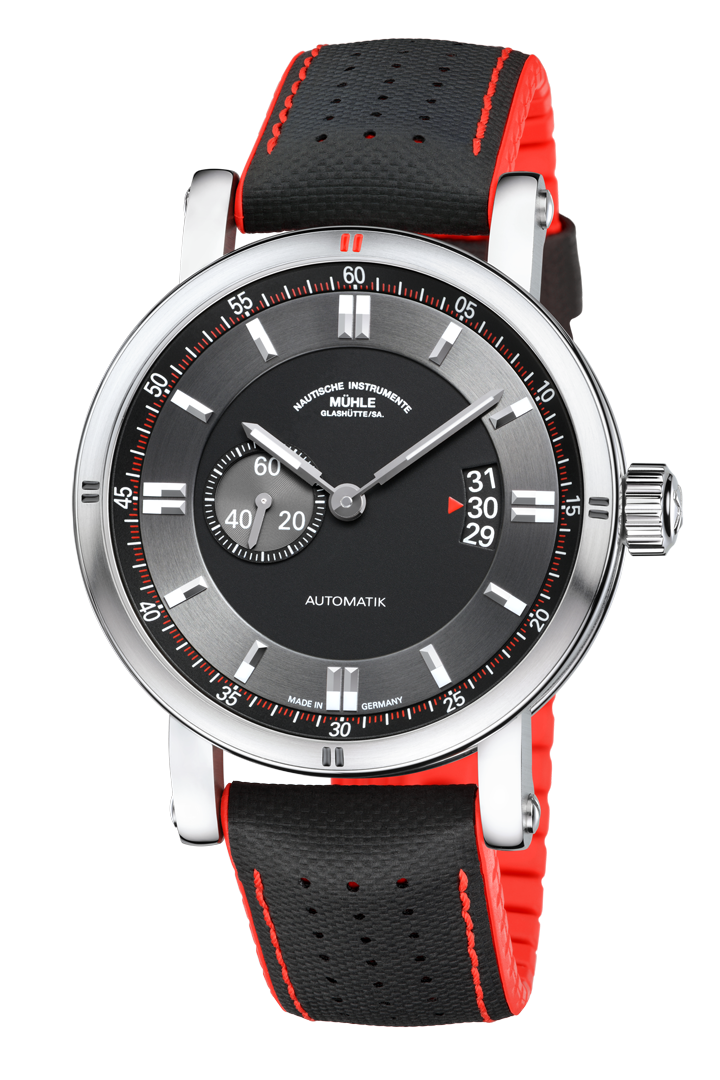 Teutonia Sport II: Frontalansicht einer Armbanduhr mit schwarzem Zifferblatt und Rehaut, silbernem Gehäuse und schwarz/rotem Leder/Kautschukband.