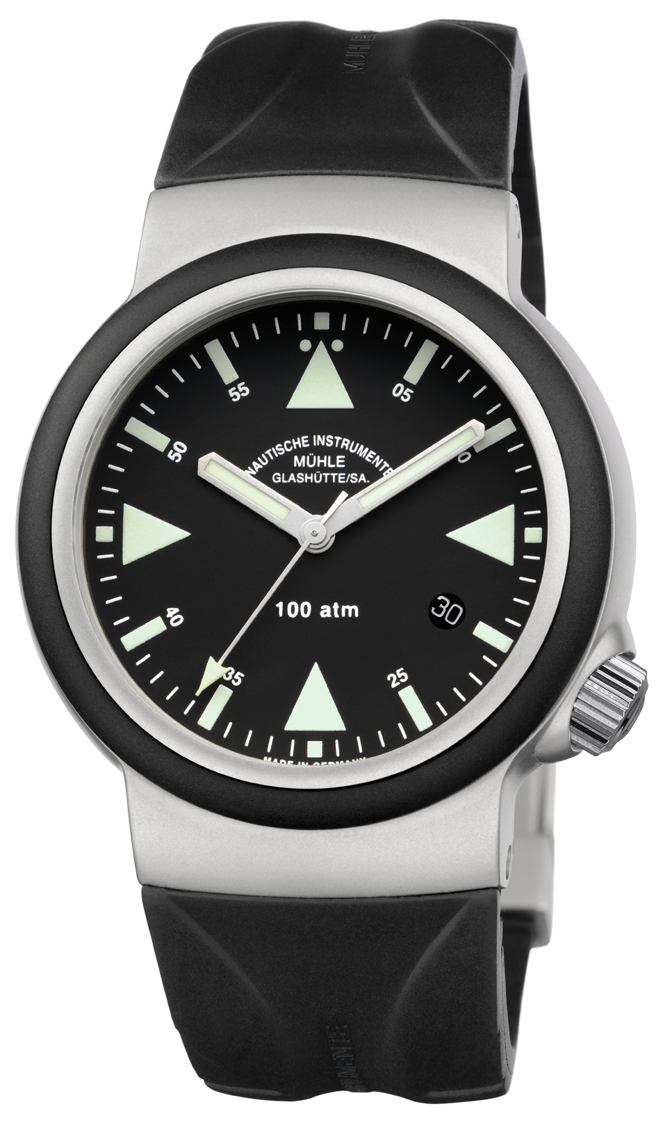 S.A.R. Rescue-Timer (Facelift): Frontalansicht einer Armbanduhr mit schwarzem Zifferblatt und Lünette, matt-silbernes Gehäuse und schwarzes Kautschukband.