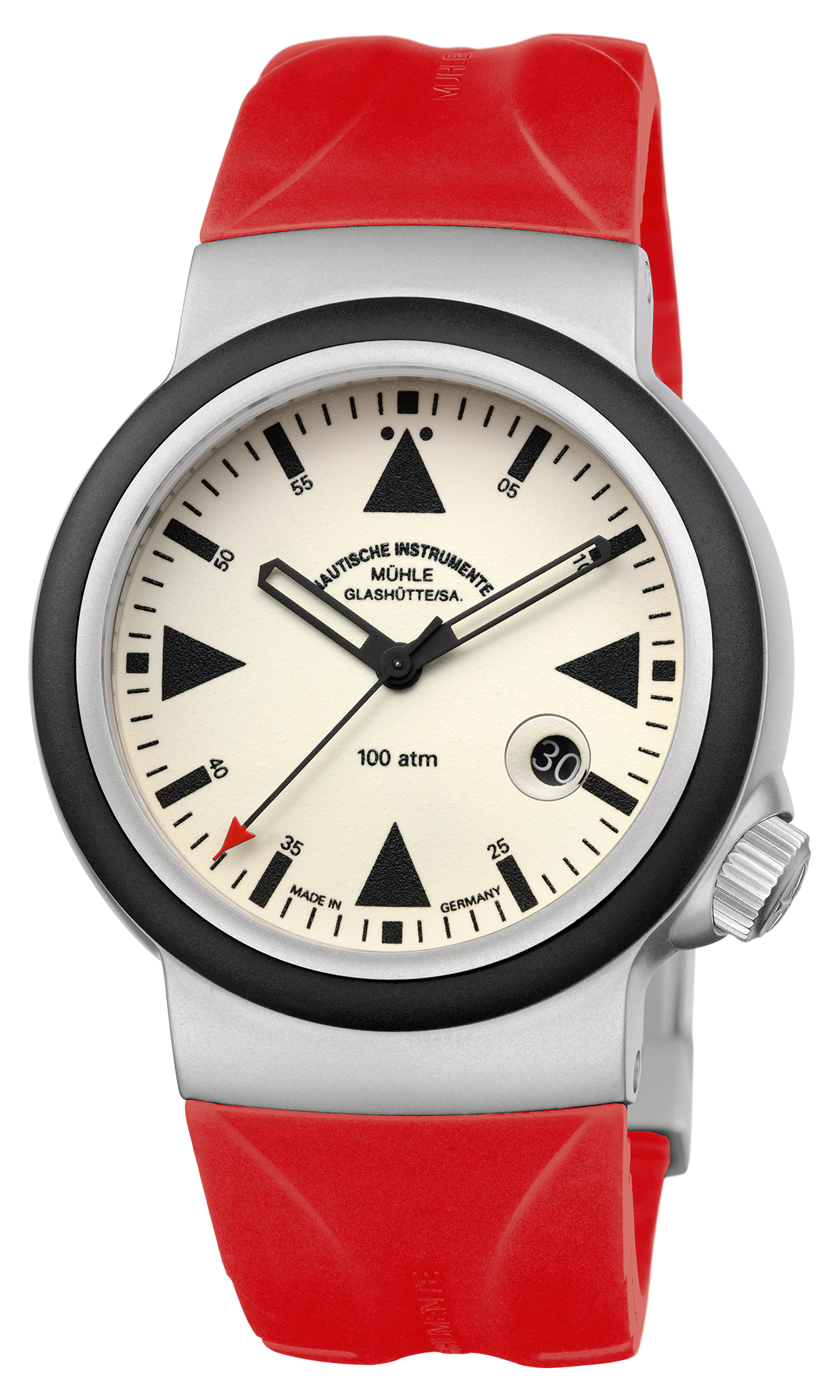 S.A.R. Rescue-Timer LUMEN: Frontalansicht einer Armbanduhr mit cremefarbenem Zifferblatt und schwarzer Lünette in matt-silbernem Gehäuse am roten Kautschukband.