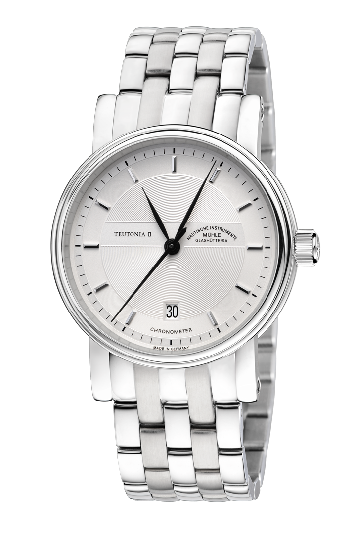 Teutonia II Chronometer: Frontalansicht einer Armbanduhr mit weißem Zifferblatt, silbernem Gehäuse und silbernem Metallband.