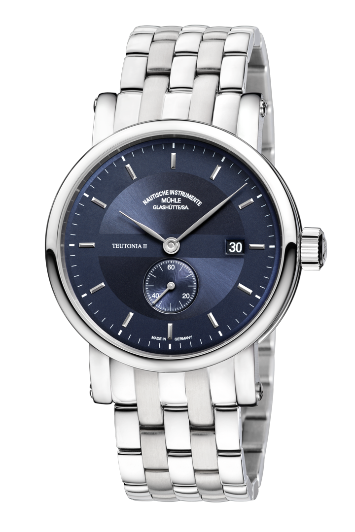 Teutonia II Kleine Sekunde: Frontalansicht einer Armbanduhr mit blauem Zifferblatt und Hilfszifferblatt, silbernem Gehäuse und silbernem Metallband.