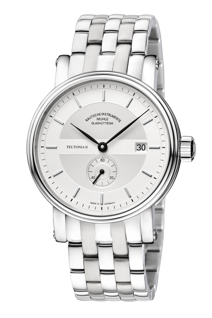 Teutonia II Kleine Sekunde: Frontalansicht einer Armbanduhr mit weißem Zifferblatt und Hilfszifferblatt, silbernem Gehäuse und silbernem Metallband.