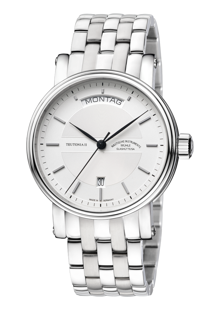 Teutonia II Tag/Datum: Frontalansicht einer Armbanduhr mit weißem Zifferblatt, silbernem Gehäuse und silbernem Metallband.