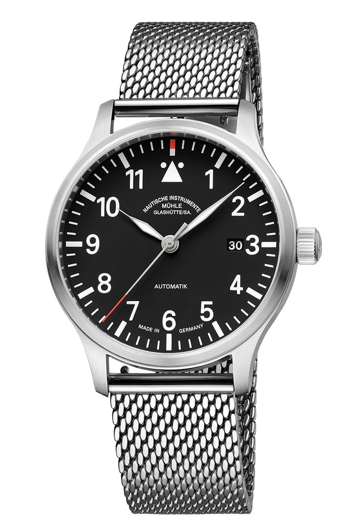 Terrasport II Schwarz: Frontalansicht einer Armbanduhr mit schwarzem Zifferblatt, silbernem Gehäuse und stahlfarbenem Milanaiseband.