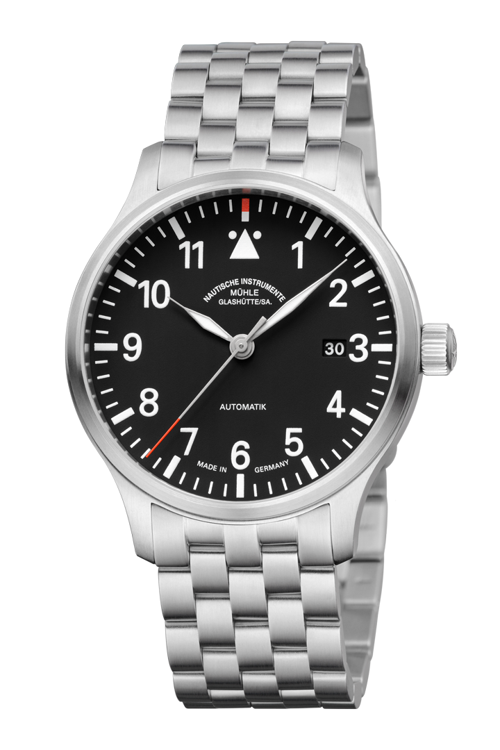Terrasport II: Frontalansicht einer Armbanduhr mit schwarzem Zifferblatt, silbernem Gehäuse und Metallband.