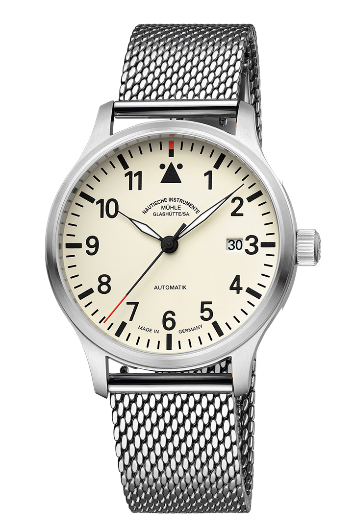 Terrasport II Creme: Frontalansicht einer Armbanduhr mit cremefarbenem Zifferblatt, silbernem Gehäuse und stahlfarbenem Milanaiseband.