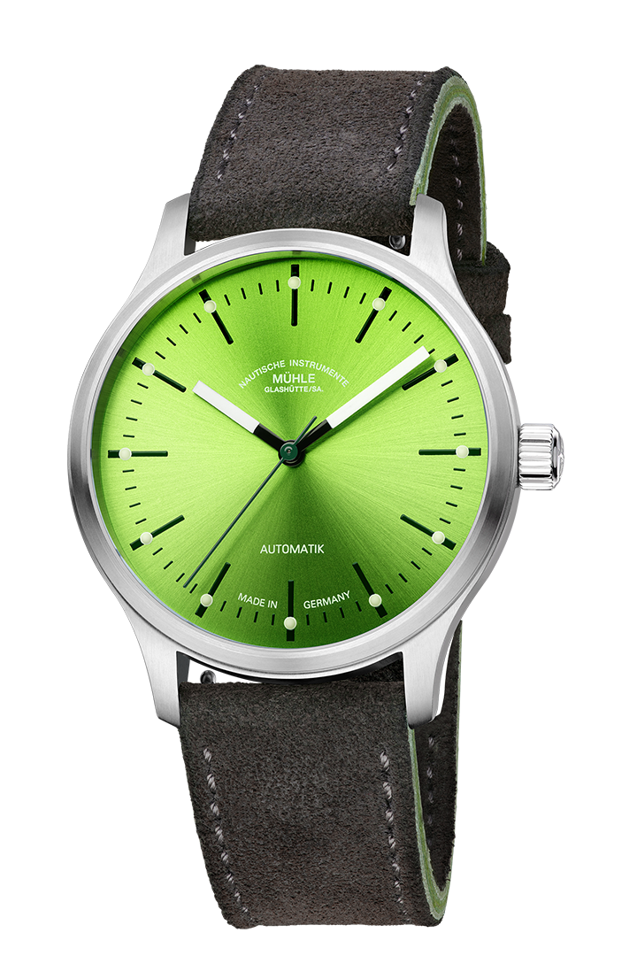 Frontalansicht der Armbanduhr Panova Limettengrün mit leuchtend grünem Zifferblatt, silbernem Gehäuse und anthrazitfarbenem Veloursband mit grüner Kontrastnaht.