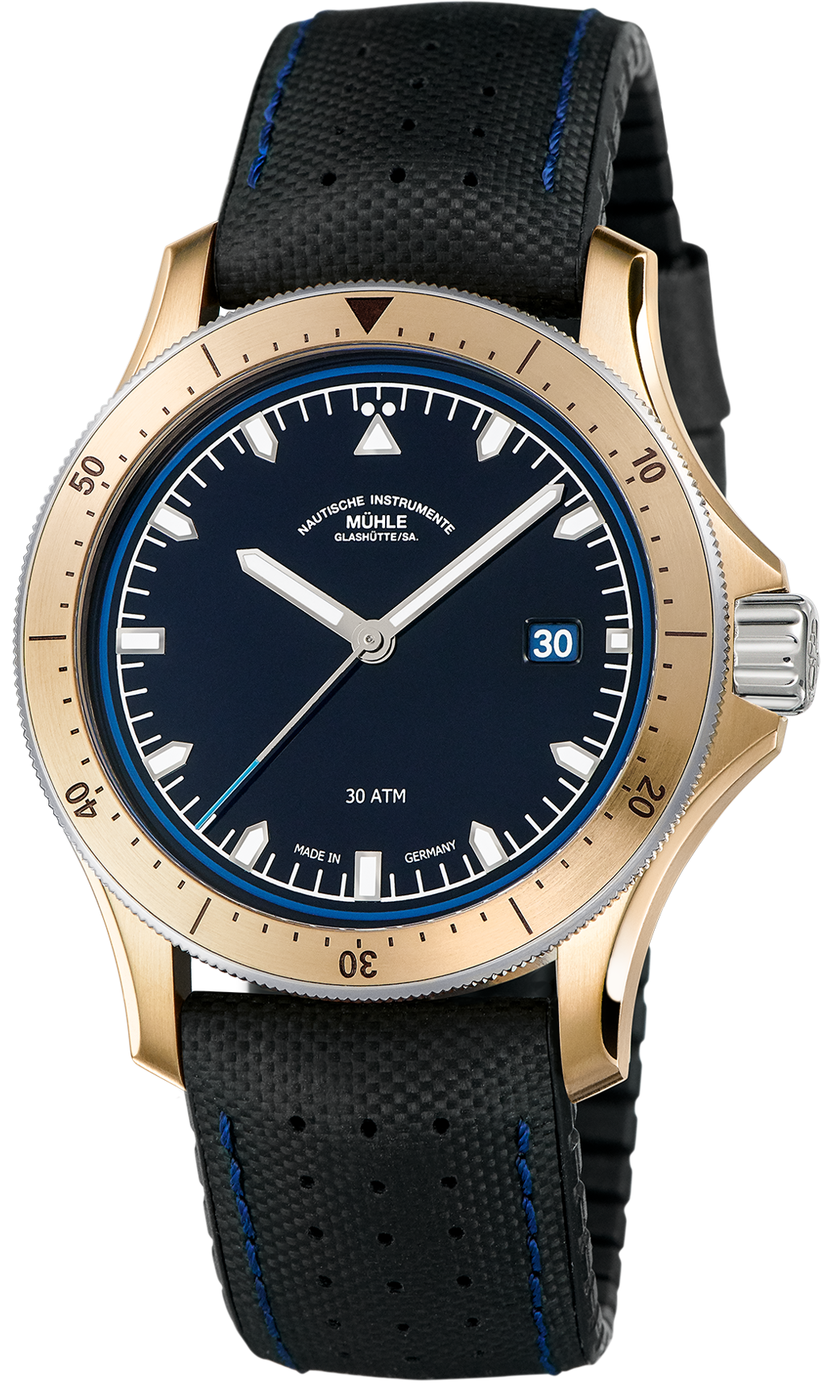 ProMare Go Bronze: Frontalansicht einer Armbanduhr mit blauem Zifferblatt, weißen Indizes, Gehäuse aus Bronze und schwarzem Leder-Kautschukband.