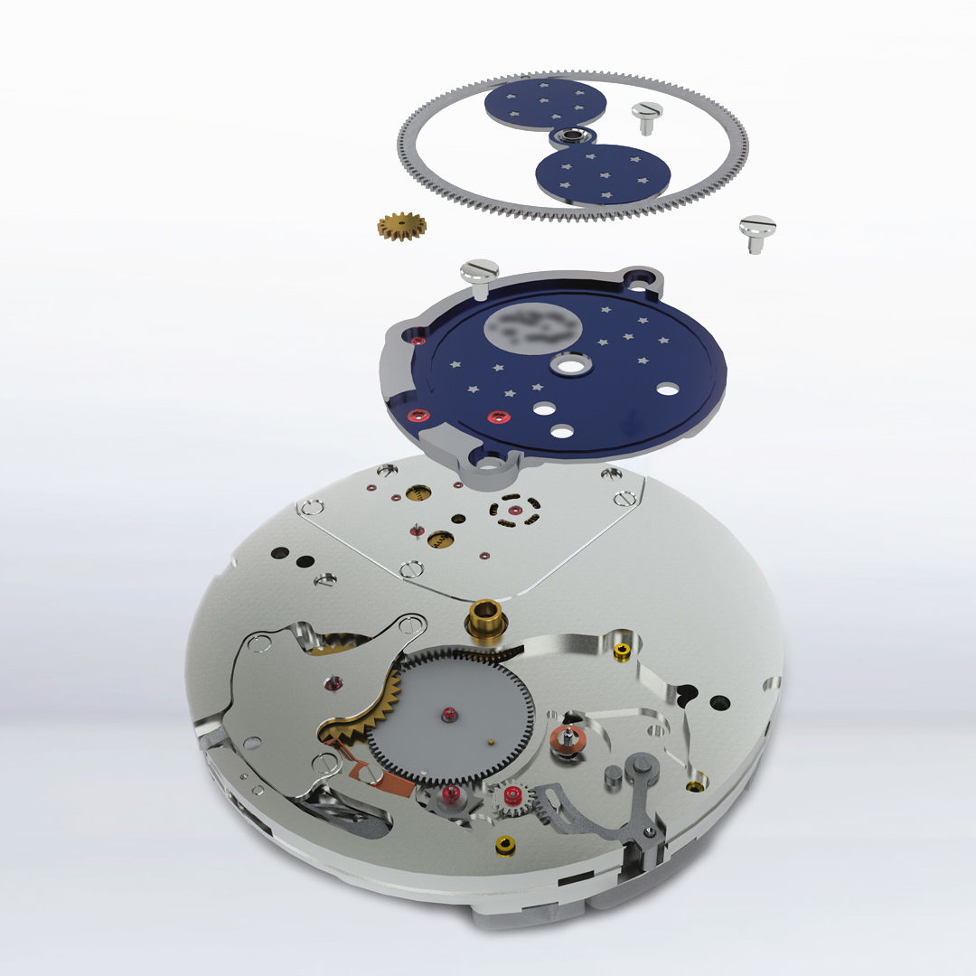 Alle Bauteile des Mondphasenmoduls der Robert Mühle Manufakturlinie