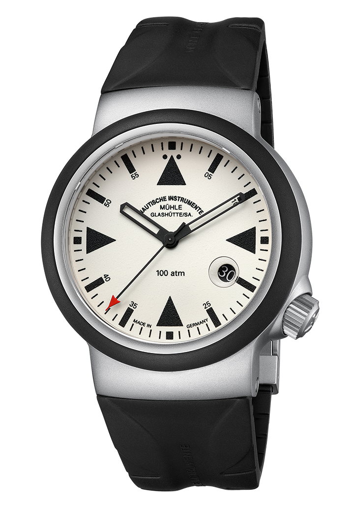 Frontansicht S.A.R. Rescue-Timer LUMEN. Dreizeigeruhr mit nachleuchtendem Zifferblatt an schwarzem Kautschukband.