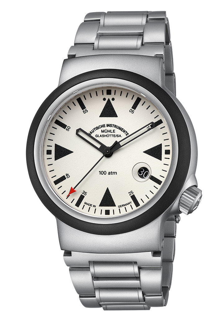 Frontansicht S.A.R. Rescue-Timer LUMEN. Dreizeigeruhr mit nachleuchtendem Zifferblatt an Metallband.