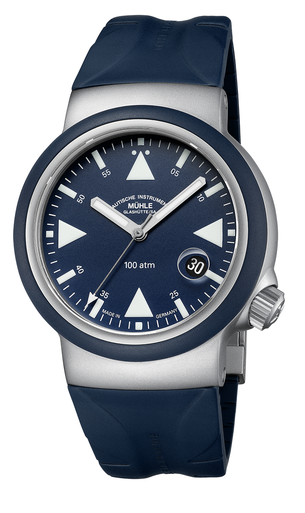 S.A.R. Rescue-Timer Nautikblau: Frontalansicht einer Armbanduhr mit silberfarbenem Gehäuse, blauem Zifferblatt und blauem Band.