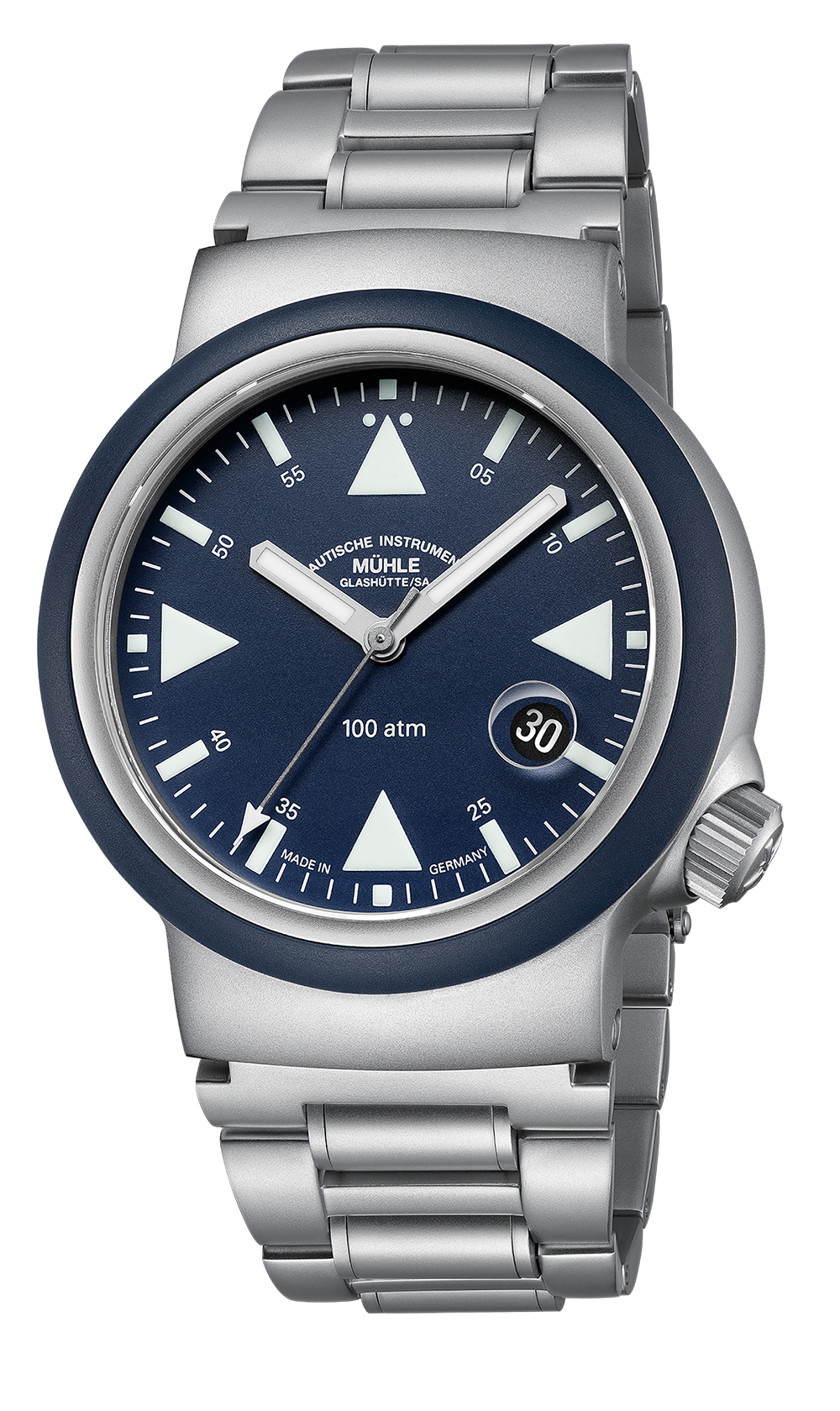S.A.R. Rescue-Timer Nautikblau: Frontalansicht einer Armbanduhr mit silberfarbenem Gehäuse, blauem Zifferblatt und Stahlband.