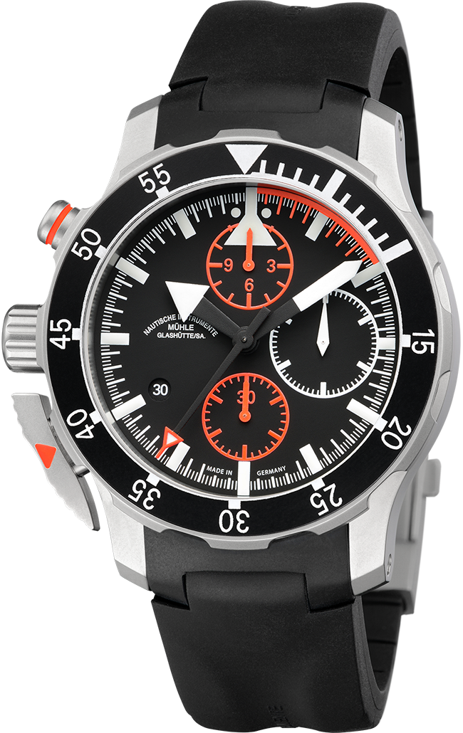 S.A.R. Flieger-Chronograph: Frontalansicht einer Armbanduhr mit schwarzem Zifferblatt und Chronographendisplays am schwarzen Kautschukband. Details in rot und schwarz, mattes stahlfarbenes Gehäuse.