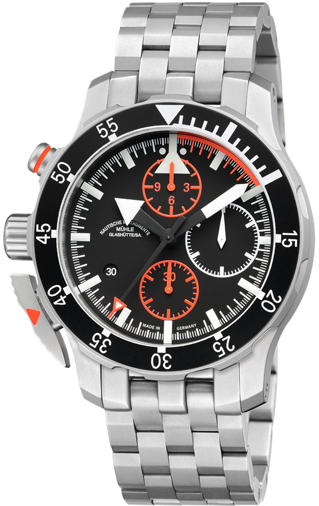 S.A.R. Flieger-Chronograph: Frontalansicht einer Armbanduhr mit schwarzem Zifferblatt und Chronographendisplays am Metallband. Details in rot und schwarz, mattes stahlfarbenes Gehäuse.