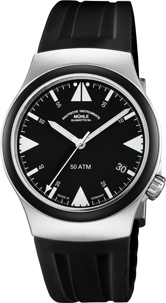S.A.R. Rescue-Timer TITAN: Frontalansicht einer Armbanduhr mit schwarzem Zifferblatt, weißen Indizes, matt-silbernem Gehäuse und schwarzem Kautschukband.
