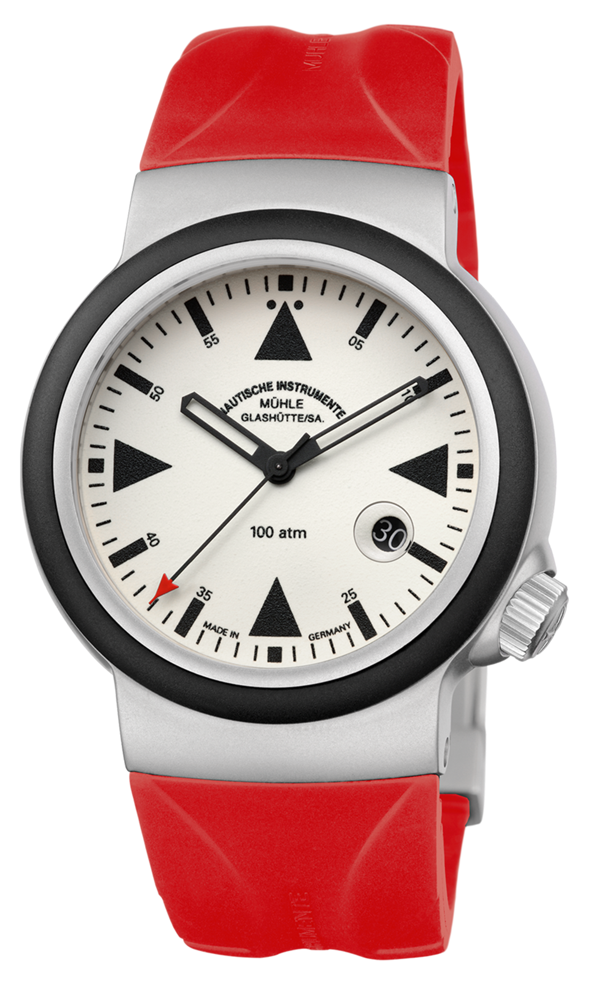 S.A.R. Rescue-Timer LUMEN: Frontalansicht einer Armbanduhr mit cremefarbenem Zifferblatt und stahlfarbenem Gehäuse am roten Kautschukband.