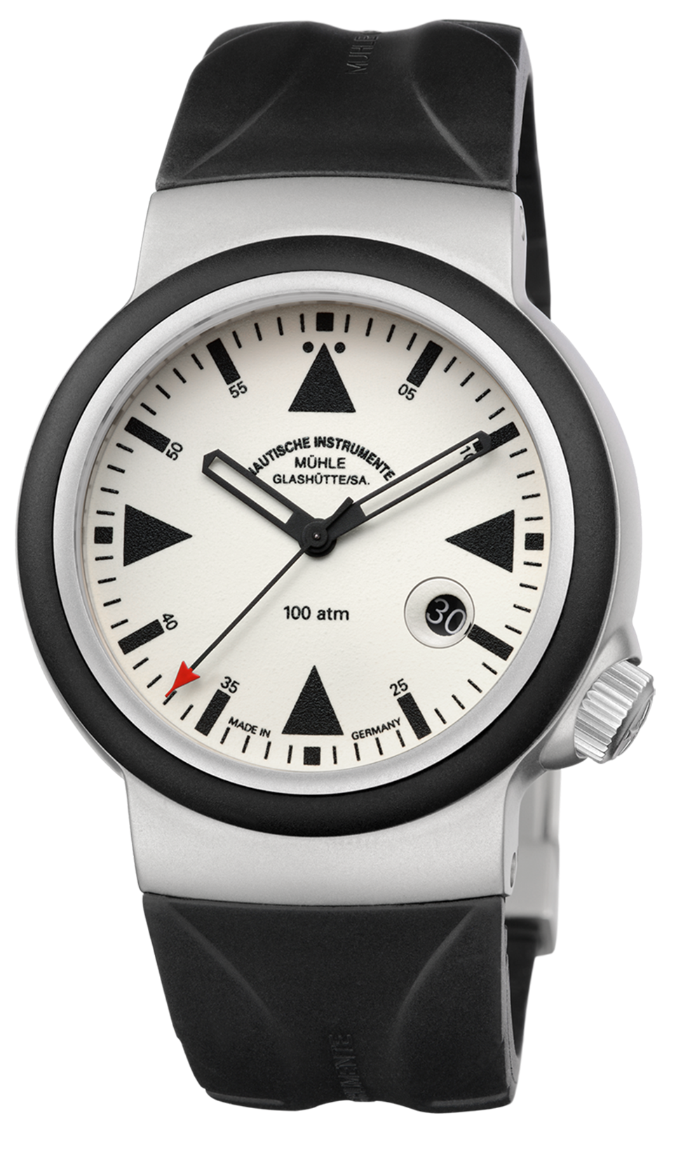 S.A.R. Rescue-Timer LUMEN: Frontalansicht einer Armbanduhr mit cremefarbenem Zifferblatt und stahlfarbenem Gehäuse am schwarzen Kautschukband.