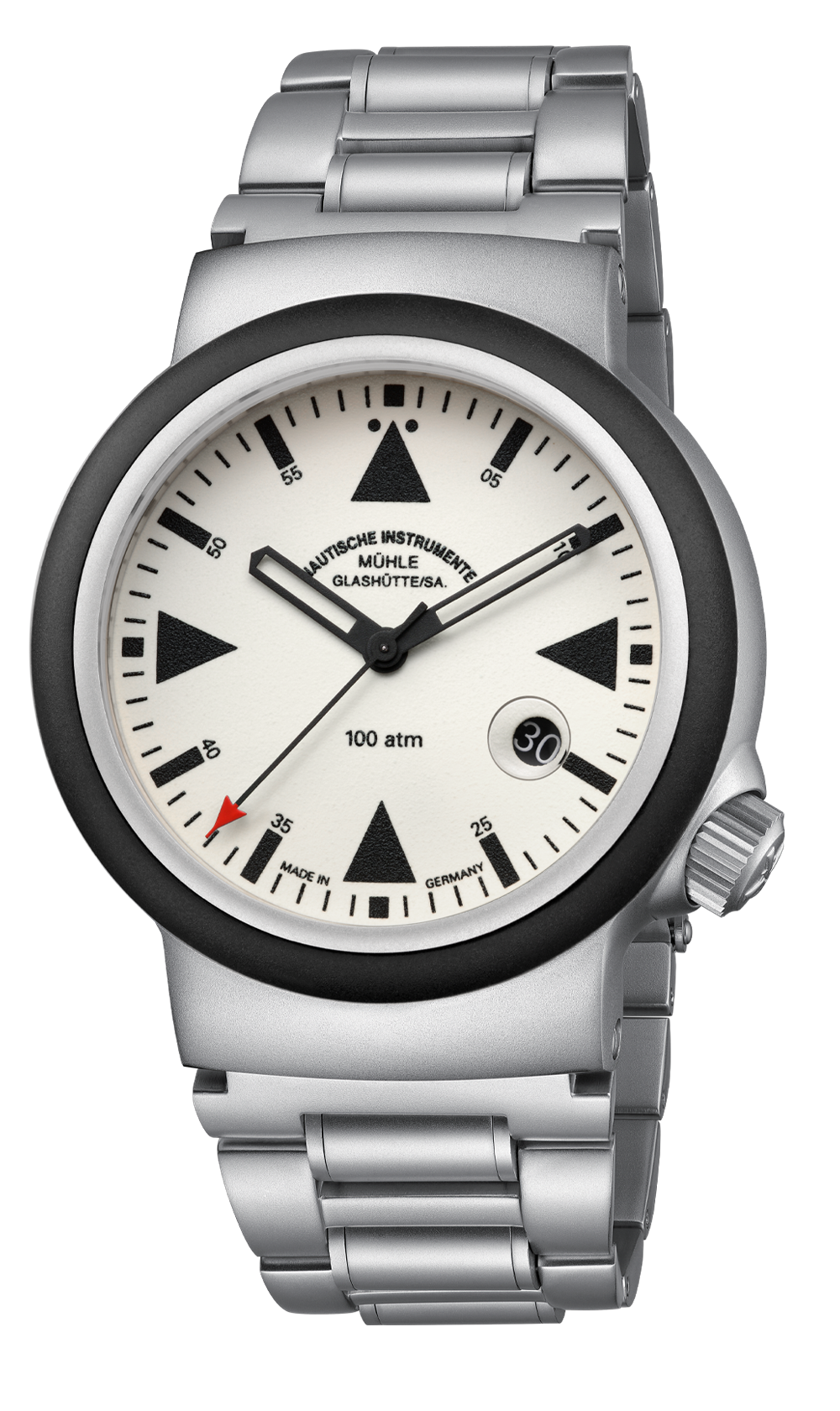 S.A.R. Rescue-Timer LUMEN: Frontalansicht einer Armbanduhr mit cremefarbenem Zifferblatt, matt-silbernem Gehäuse am Stahlband.