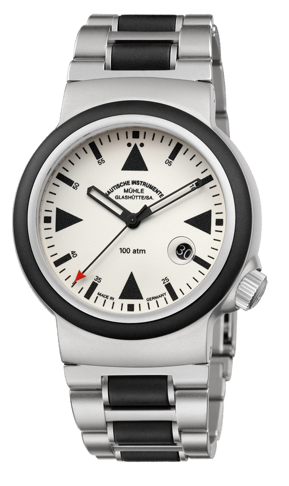S.A.R. Rescue-Timer LUMEN: Frontalansicht einer Armbanduhr mit cremefarbenem Zifferblatt und stahlfarbenem Gehäuse am Stahl-Kautschukband.