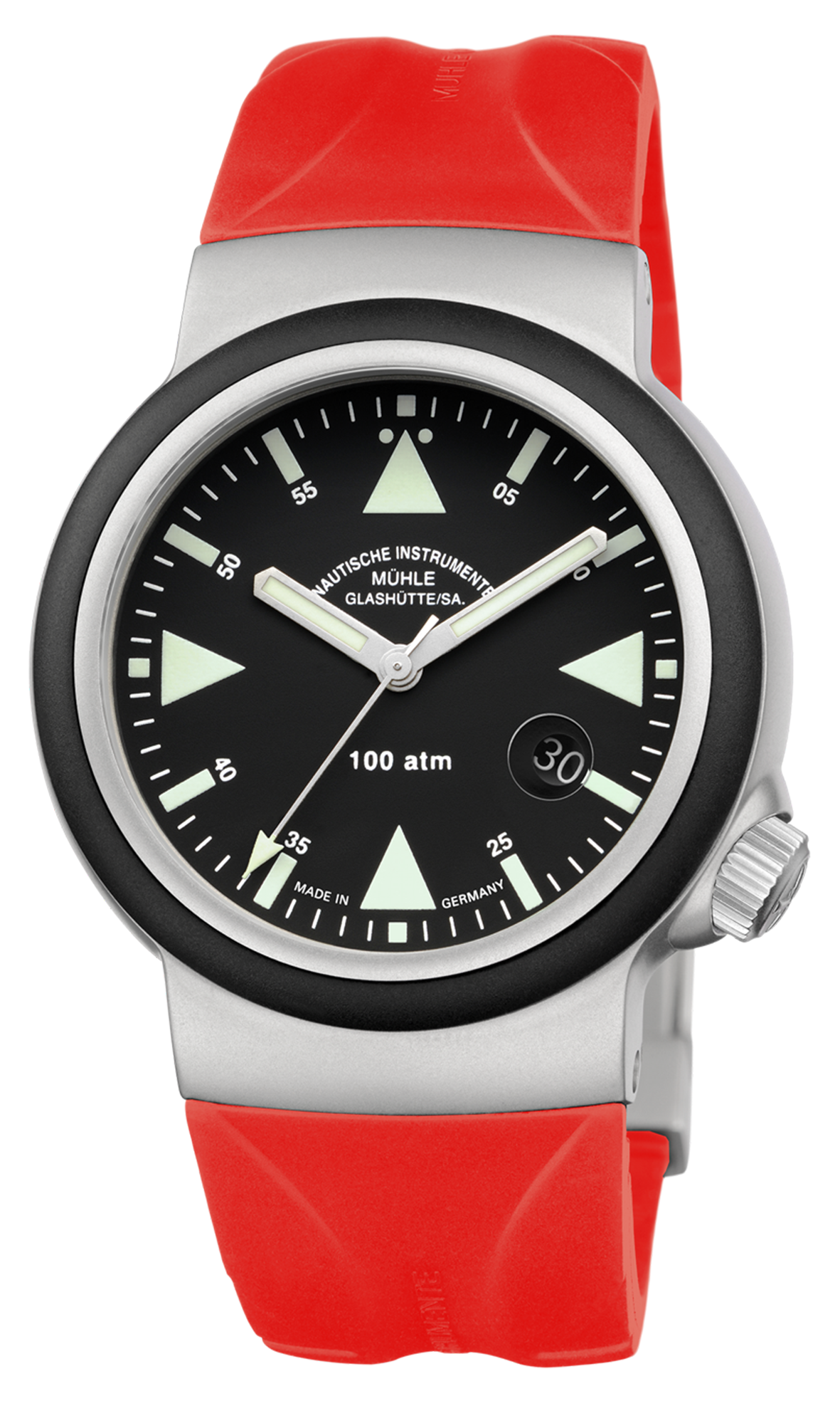 S.A.R. Rescue-Timer: Frontalansicht einer Armbanduhr mit schwarzem Zifferblatt und stahlfarbenem Gehäuse am roten Kautschukband.
