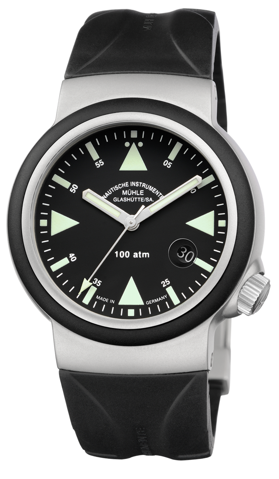 S.A.R. Rescue-Timer: Frontalansicht einer Armbanduhr mit schwarzem Zifferblatt, nachleuchtenden Indizes, matt-silbernem Gehäuse und schwarzem Kautschukband.