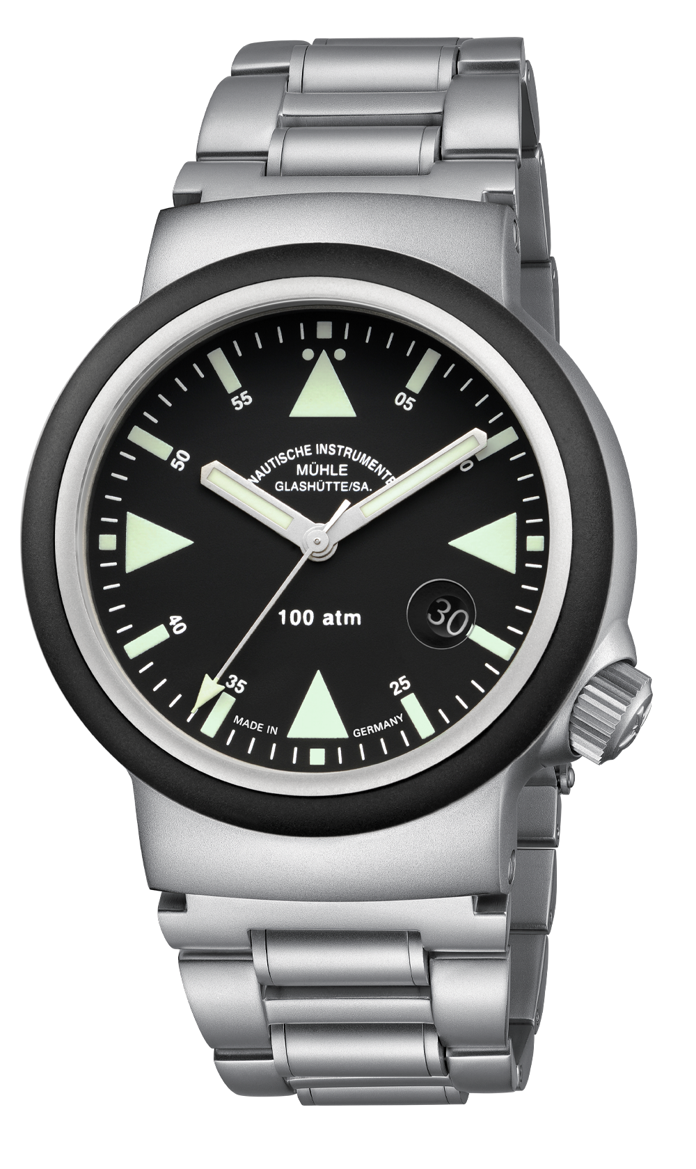 S.A.R. Rescue-Timer: Frontalansicht einer Armbanduhr mit schwarzem Zifferblatt und silbernem Gehäuse am Metallband.