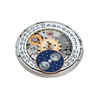 Makroaufnahme des Uhrwerks SW280-1, Version Mühle mit Datumsring und Mondphase