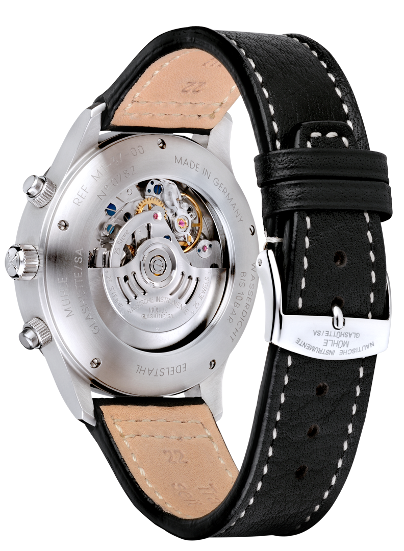 Rückansicht des Terrasport I Chronograph am schwarzen Lederband mit Blick ins Uhrwerk durch den gläsernen Gehäuseboden.
