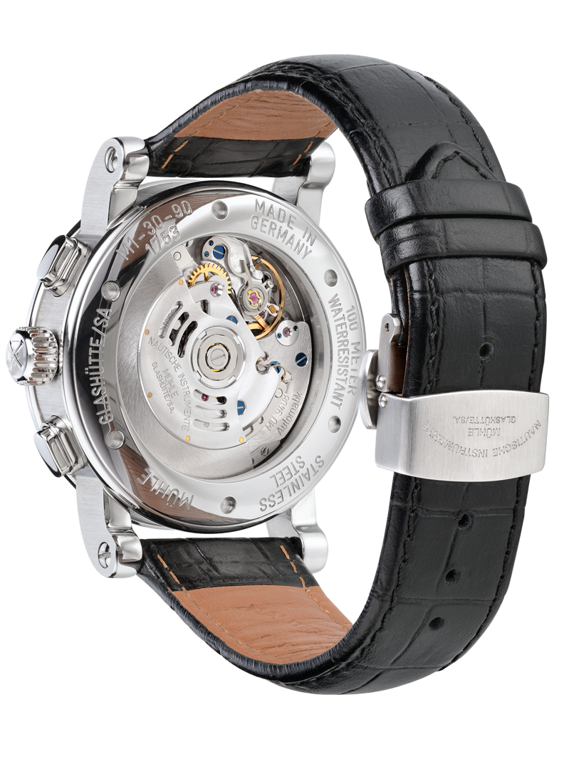 Rückansicht des Teutonia II Chronograph am schwarzen Lederband mit Blick ins Uhrwerk durch den gläsernen Gehäuseboden.