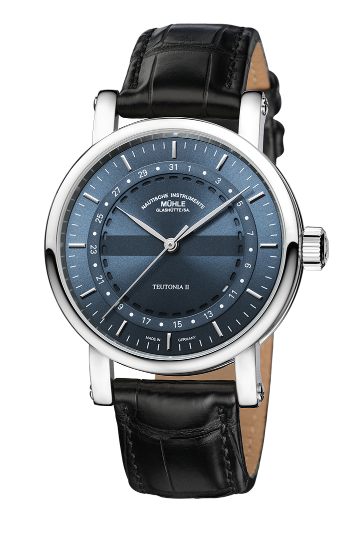 Frontalansicht Teutonia II Ringdatum - Dreizeiger-Uhr mit graublauem Zifferblatt auf dem ringförmig das Datum angeordnet ist. Schwarzes Lederband.