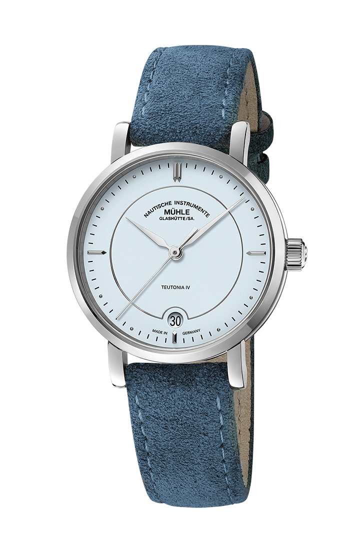 Teutonia IV Lady: Frontalansicht einer Armbanduhr mit pastellblauem Zifferblatt, stahlfarbenem Gehäuse und blauem Veloursband.