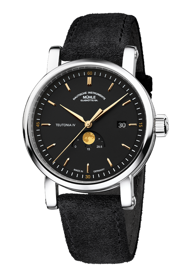Front view of the Teutonia IV Moon Phase watch - Black dial with gold hands and indices. Classic moon phase display at 6 o'clock. Stainless steel case and slate gray Alcantara strap.