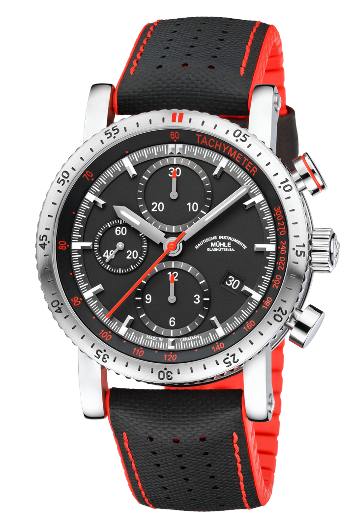 Teutonia Sport I Chronograph: Frontalansicht einer Armbanduhr mit schwarzem Zifferblatt und drei Hilfszifferblättern, silbernem Gehäuse und rot-schwarzem Leder/Kautschukband