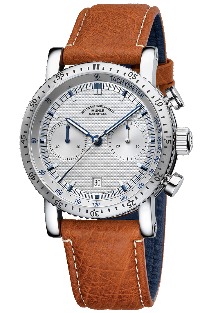 Teutonia Sport I: Front view of a wristwatch with a silver-colored textured dial and chronograph displays, steel-colored case and light brown leather strap.