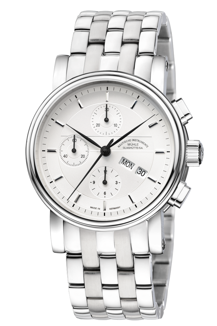 Teutonia II Chronograph: Frontalansicht einer Armbanduhr mit weißem Zifferblatt und drei Hilfszifferblättern, silbernem Gehäuse und Metallband.