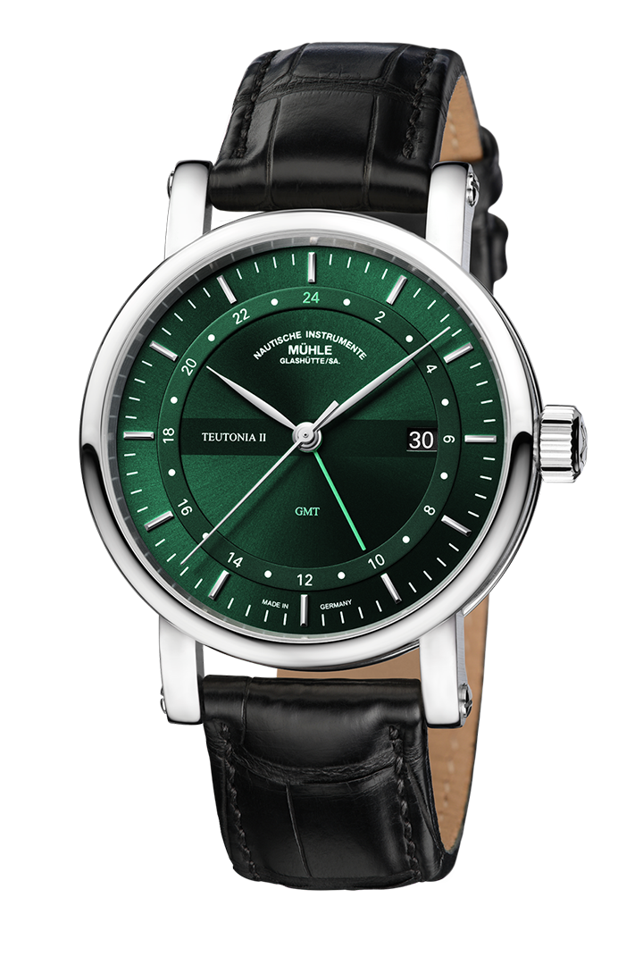 Teutonia II GMT: Front view of a wristwatch with a green dial, steel case and black leather strap.