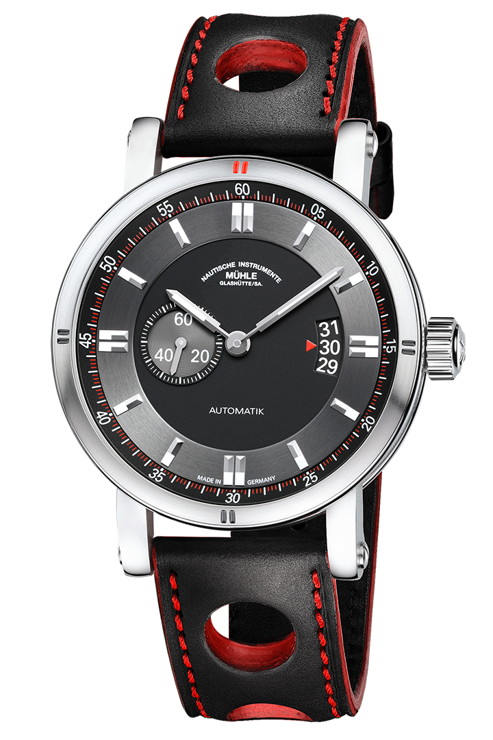 Teutonia Sport II: Frontalansicht einer Armbanduhr mit schwarzem Zifferblatt und einem Hilfszifferblatt, silbernem Gehäuse und schwarz-rotem Lederband.