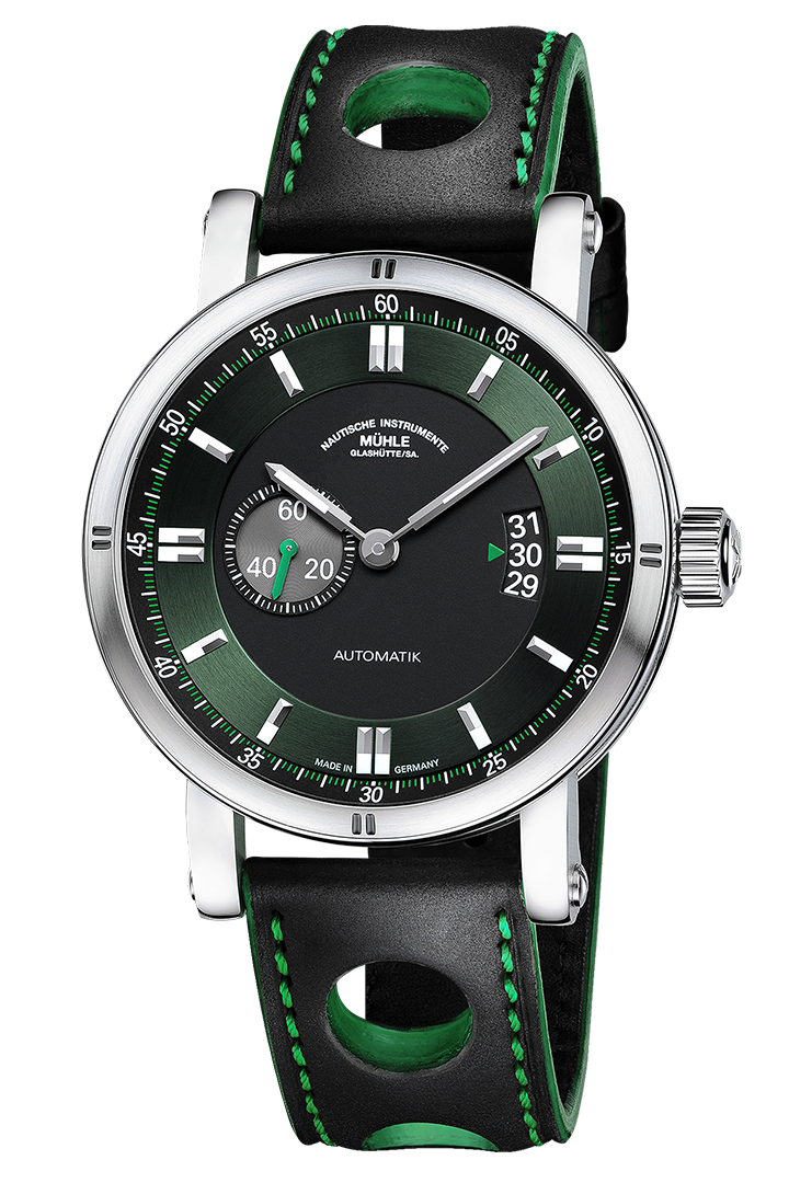 Teutonia Sport II: Front view of a wristwatch with a green dial, off-center seconds display, silver case and black and green leather strap.