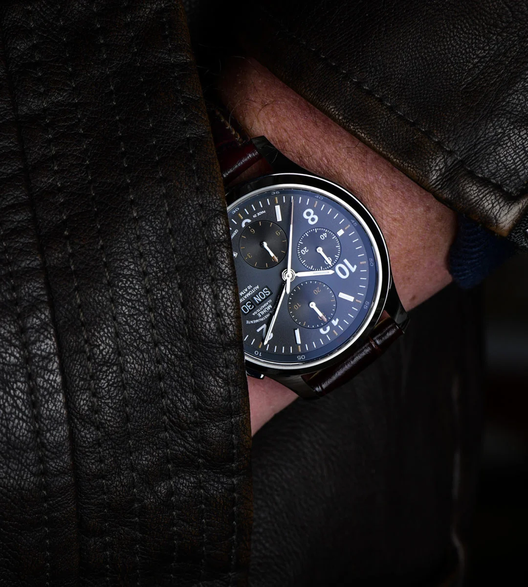 The Lunova Chronograph on a brown leather strap is worn on the wrist.